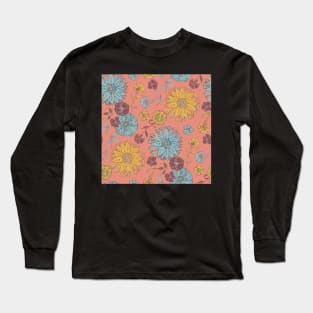 Multi Florals Pattern in Coral, Yellow & Blue Long Sleeve T-Shirt